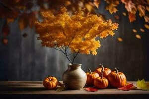 herfst bladeren en pompoenen in een vaas Aan een tafel. ai-gegenereerd foto