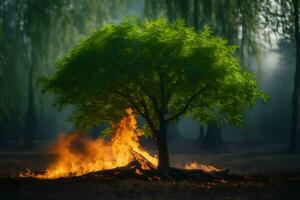 een boom is brandend in de midden- van een Woud. ai-gegenereerd foto