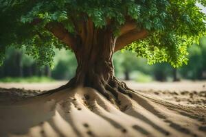 een boom met wortels in de zand. ai-gegenereerd foto