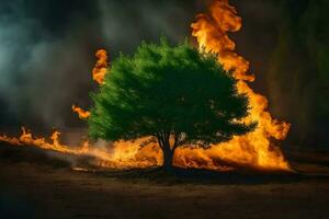 een boom is brandend in de midden- van een veld. ai-gegenereerd foto