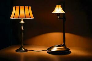 een lamp en een lamp Aan een tafel. ai-gegenereerd foto