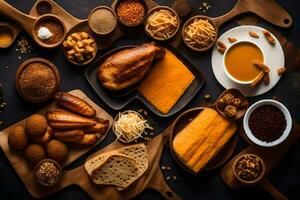 een verscheidenheid van voedingsmiddelen inclusief brood, kaas, en noten. ai-gegenereerd foto