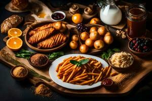 een tafel met voedsel inclusief aardappelen, brood, en andere ingrediënten. ai-gegenereerd foto