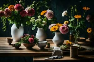 bloemen in vazen Aan een tafel. ai-gegenereerd foto