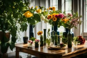 een tafel met vazen van bloemen en planten. ai-gegenereerd foto