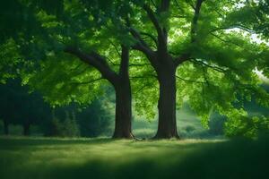 twee bomen in de midden- van een groen veld. ai-gegenereerd foto