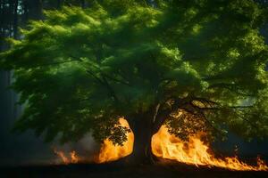 een boom met vlammen komt eraan uit van het in de midden- van de Woud. ai-gegenereerd foto