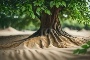 een boom met wortels groeit uit van de zand. ai-gegenereerd foto