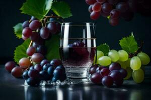 een glas van wijn en druiven Aan een donker achtergrond. ai-gegenereerd foto