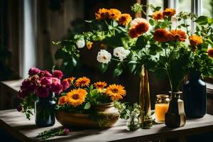 bloemen in vazen Aan een tafel. ai-gegenereerd foto