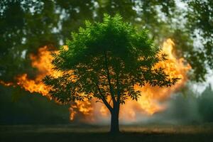 een boom is brandend in de midden- van een veld. ai-gegenereerd foto