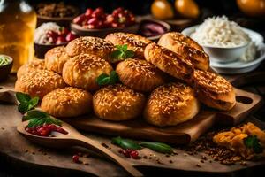 baklava met granaatappel en specerijen Aan een houten bord. ai-gegenereerd foto