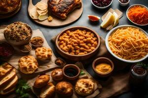 een tafel met divers voedingsmiddelen inclusief brood, vlees, en groenten. ai-gegenereerd foto