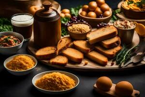 een verscheidenheid van voedingsmiddelen inclusief brood, kaas, eieren en andere ingrediënten. ai-gegenereerd foto