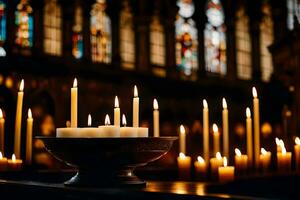kaarsen zijn lit in een kerk met gebrandschilderd glas ramen. ai-gegenereerd foto