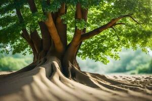 een boom met wortels in de zand. ai-gegenereerd foto