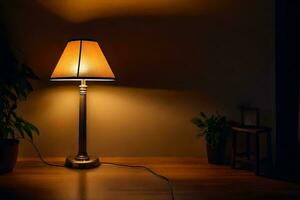 een lamp is lit in een donker kamer. ai-gegenereerd foto