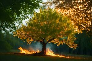 een boom met vlammen komt eraan uit van het in de midden- van een veld. ai-gegenereerd foto