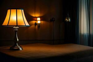 een lamp is zittend Aan een bed in een donker kamer. ai-gegenereerd foto