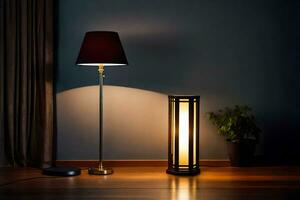 een lamp en een verdieping lamp Aan een houten vloer. ai-gegenereerd foto