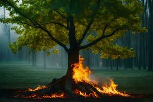 een boom met vlammen komt eraan uit van het in de midden- van een veld. ai-gegenereerd foto
