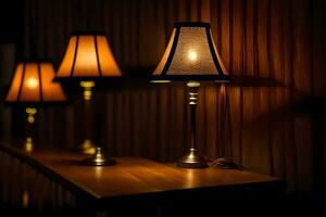drie lampen Aan een tafel in een donker kamer. ai-gegenereerd foto