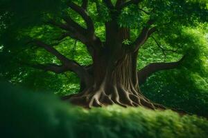 een groot boom met groen bladeren in de midden- van een Woud. ai-gegenereerd foto