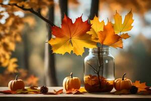 herfst bladeren en pompoenen in een pot Aan een tafel. ai-gegenereerd foto