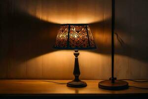 een lamp Aan een tafel in de donker. ai-gegenereerd foto