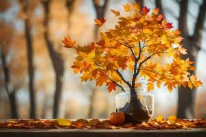 herfst bladeren in een vaas Aan een tafel. ai-gegenereerd foto