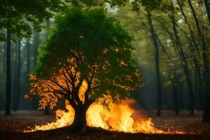 een boom is brandend in de midden- van een Woud. ai-gegenereerd foto