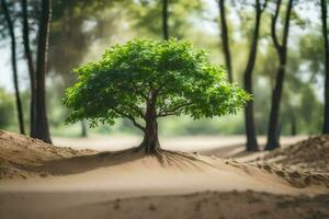 een boom groeit in de midden- van een zand duin. ai-gegenereerd foto
