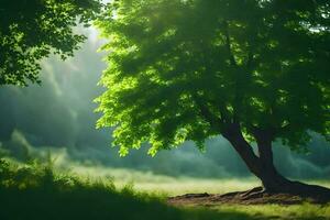 foto behang de lucht, bomen, gras, zon, bomen, groente, de Woud, de. ai-gegenereerd