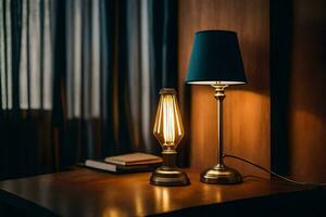 twee lampen Aan een tafel in een hotel kamer. ai-gegenereerd foto