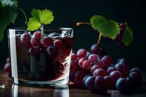 een glas van rood wijn met druiven Aan een donker achtergrond. ai-gegenereerd foto