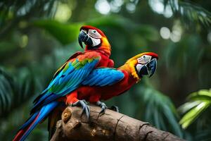 twee kleurrijk papegaaien zittend Aan een Afdeling. ai-gegenereerd foto