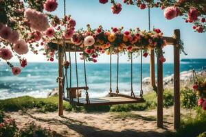 een schommel met bloemen Aan de strand. ai-gegenereerd foto