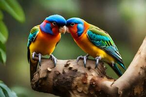 twee kleurrijk vogelstand zittend Aan een Afdeling. ai-gegenereerd foto