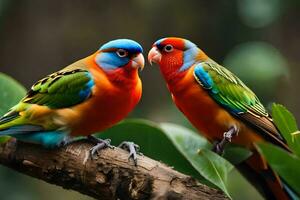 twee kleurrijk vogelstand zittend Aan een Afdeling. ai-gegenereerd foto