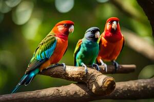 drie kleurrijk vogelstand zittend Aan een Afdeling. ai-gegenereerd foto