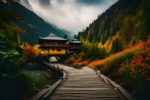 een brug Leidt naar een geel huis in de bergen. ai-gegenereerd foto