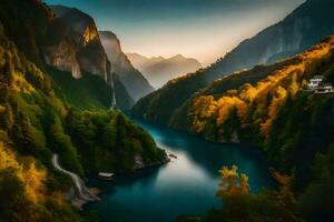 een rivier- stromen door een vallei omringd door bergen. ai-gegenereerd foto