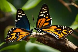 twee vlinders zijn zittend Aan een Afdeling samen. ai-gegenereerd foto