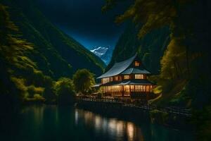 een Japans huis in de bergen Bij nacht. ai-gegenereerd foto