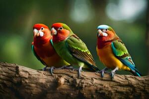 drie kleurrijk vogelstand zittend Aan een Afdeling. ai-gegenereerd foto