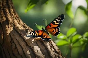vlinder Aan boom kofferbak, natuur, groente, bomen, natuur behang. ai-gegenereerd foto