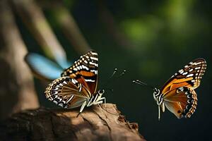 twee vlinders zijn zittend Aan een boom Afdeling. ai-gegenereerd foto