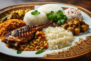 een bord van voedsel met rijst, vlees en groenten. ai-gegenereerd foto