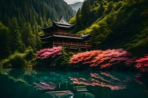 een pagode zit Aan de rand van een meer omringd door bomen. ai-gegenereerd foto
