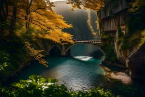 een brug over- een rivier- in de midden- van een Woud. ai-gegenereerd foto